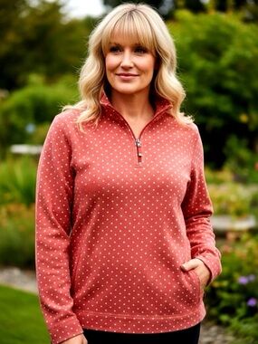 Talbots Size L 3/4 Zip Pink Salmon Polka Dot Sweatshirt Pullover Top
